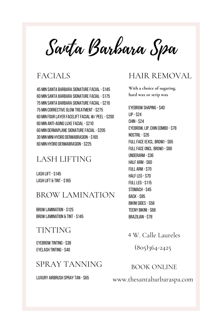 Santa Barbara Spa Services Menu