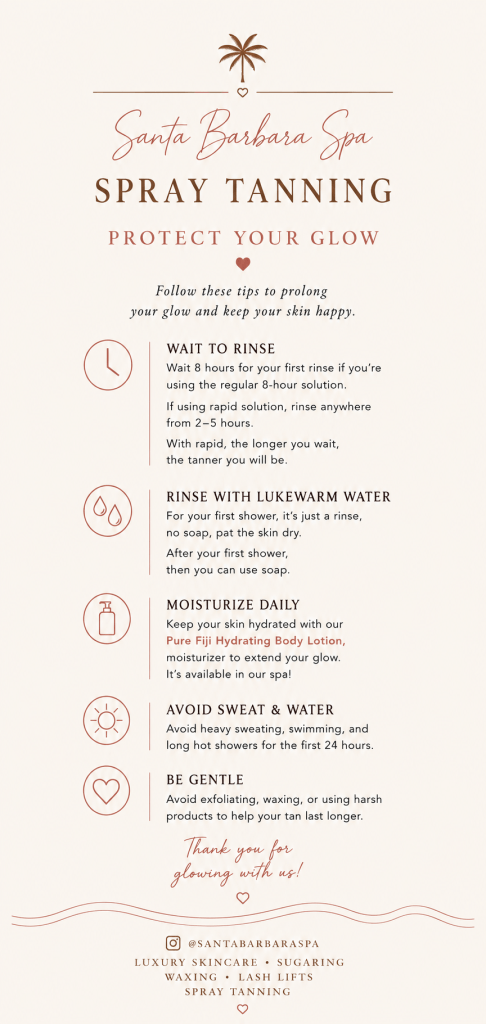 Spray tan after care card at Santa Barbara Spa